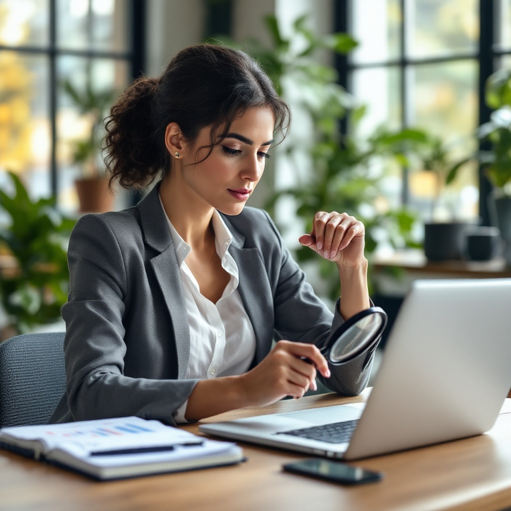 Impact Insight Audit A woman in a gray blazer examines a laptop screen with a magnifying glass at a desk, surrounded by plants and an open notebook.