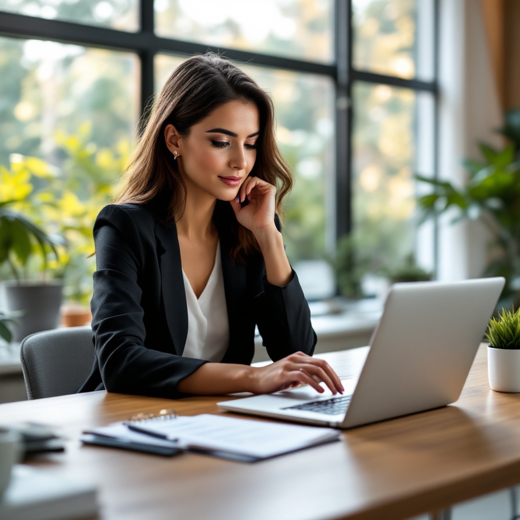 Magai Setup + Implementation A woman in a black blazer works on a laptop at a wooden desk, surrounded by plants, with large windows in the background.