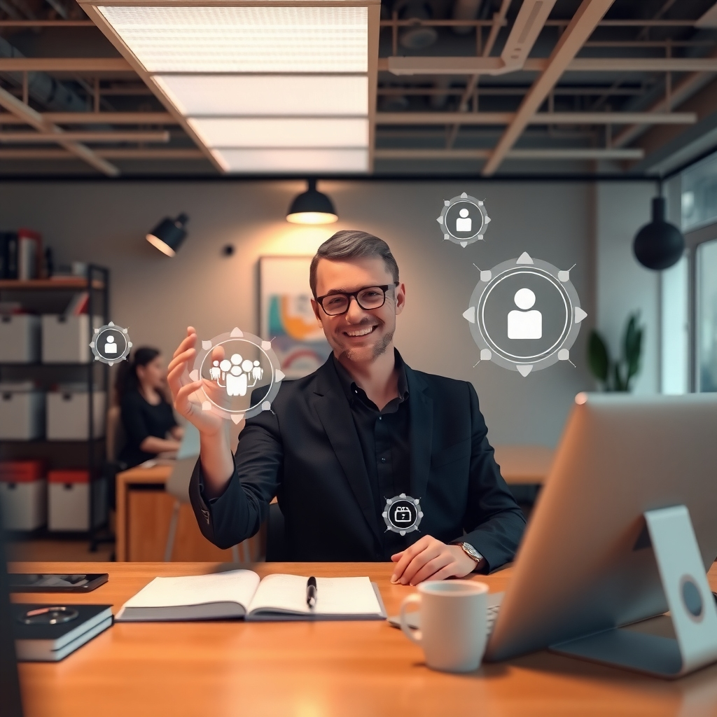 A person in glasses and a suit sits at a desk in a modern office, smiling and interacting with floating digital icons symbolizing social connections.