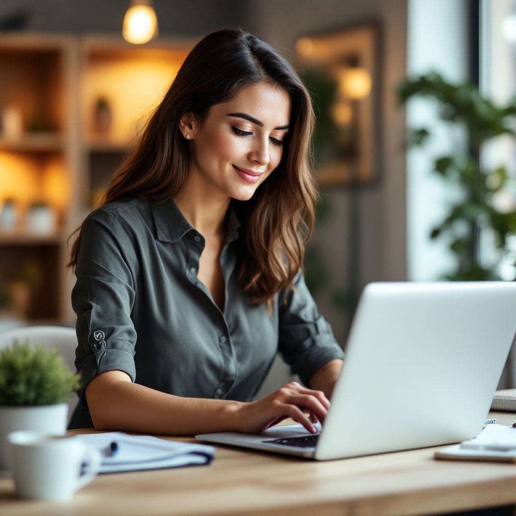email authentication A woman in a gray shirt is smiling while typing on a laptop at a wooden desk. There are plants and office items in the background.