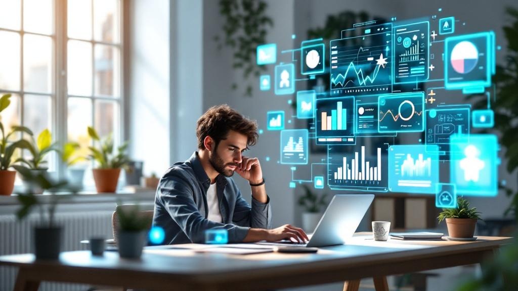 magai-251022121046 A man works on a laptop at a desk, surrounded by floating digital charts and graphs, in a bright, modern office with plants and large windows.